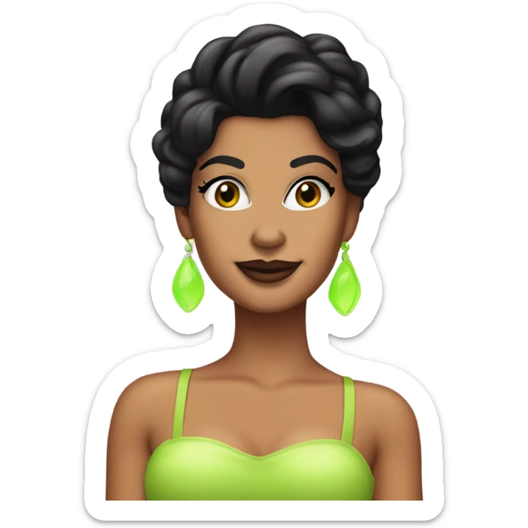Tanned woman with black hair dressed in 1990s pop princess hair, makeup, and neon attire  sticker