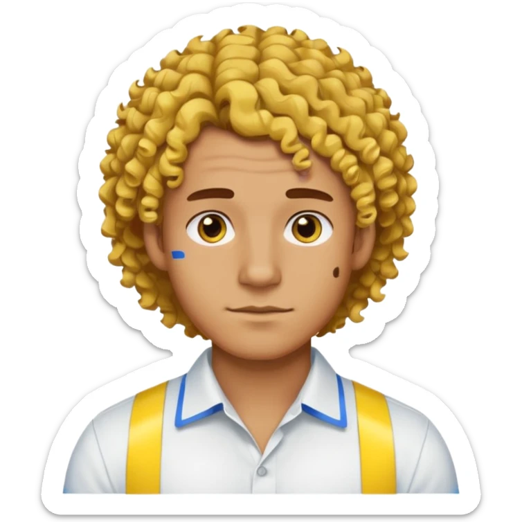 Make me an emoji that has a guy with a white shirt and yellow tape around the shirt with brown and blue spots hair make the hair curly make the yellow tape go around it sticker