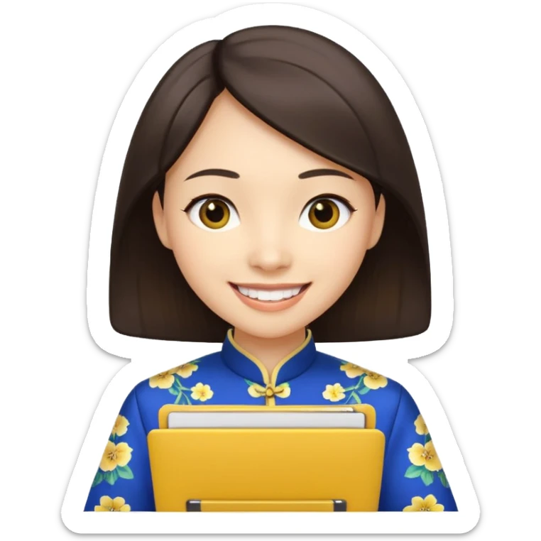 Teacher emoji but : european volume dark brown hair, light skin, no glasses, dark eyes, with a computer folder in the hand (color is yellow), being a teacher, wearing a chinese qipao ( dark blue), smile with teeth





 sticker