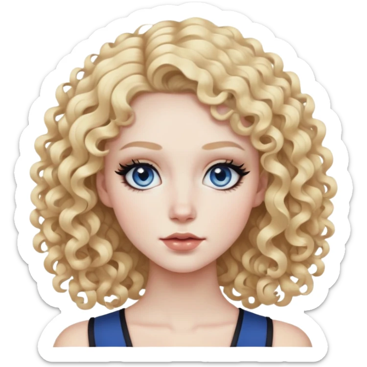 curly blonde hair, pale skin skin, dark blue eyes, pretty bratz baddie, black eyeliner sticker