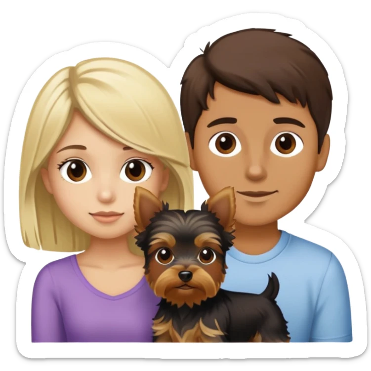 one tan boy with dark brown hair and one girl that is blonde and a yorkie sticker