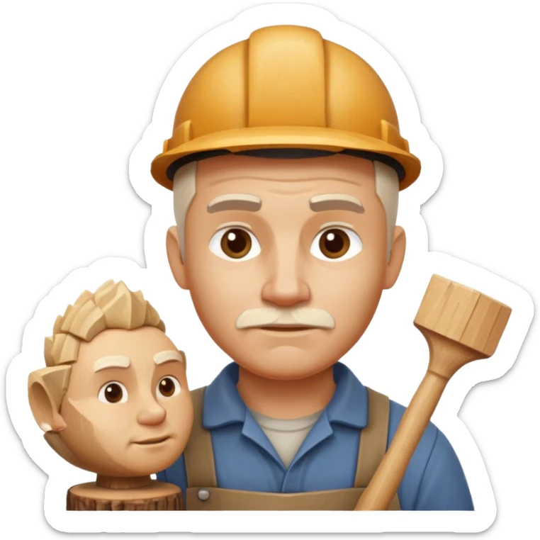 wood carving carpenter portrait, head and shoulders only, carving wooden figure with chisel, wood shavings visible, focused craftsman expression, artisan workshop vibe, 3D cartoon style, mobile game icon style, clean background, no text, no watermark
 sticker
