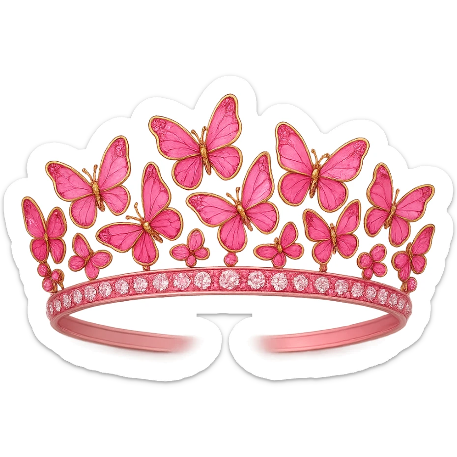 Edit the butterfly crown to have a pink base, colorful enamel butterflies in pink shades, and sparkling gems. Keep the background transparent. sticker