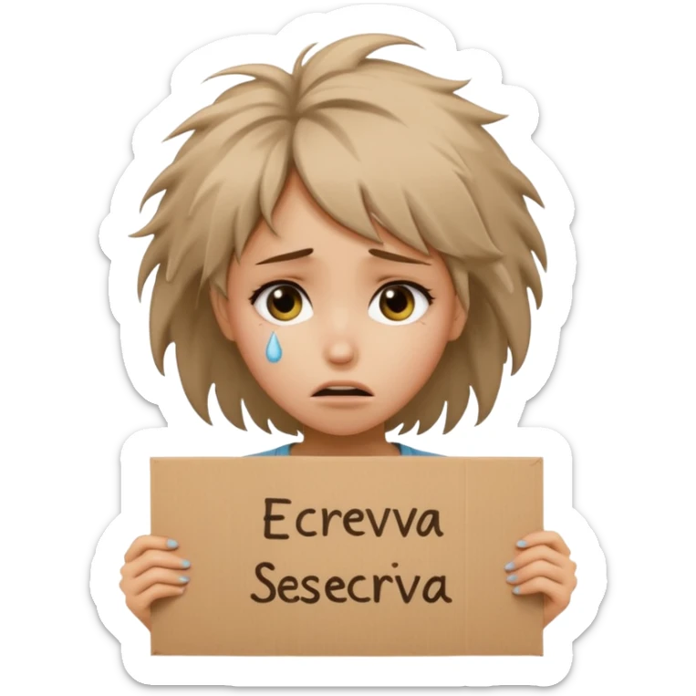 Sad realistic emoji of a young woman with messy hair, holding a cardboard sign that says "ESCREVA-SE", emotional begging expression, cinematic lighting, shallow depth of field, soft blurred background, high detail, viral social media style sticker