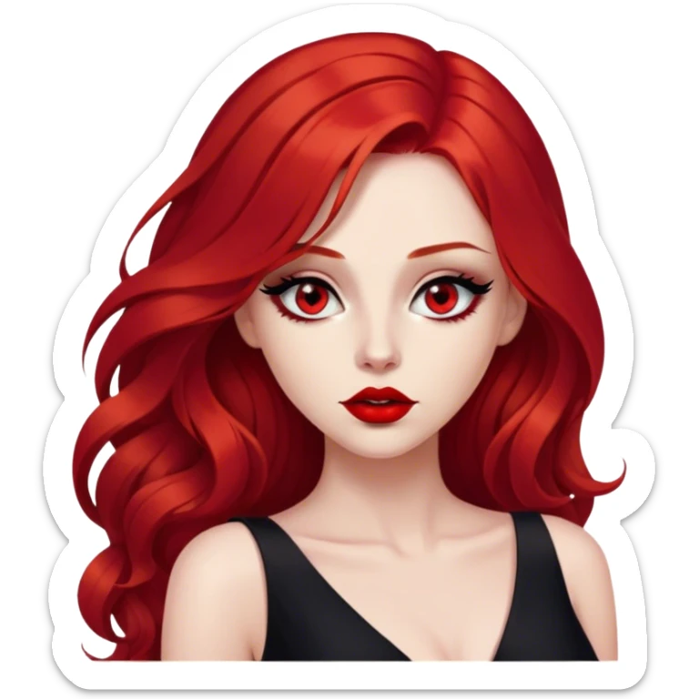 a crying woman with long red hair and red eyes. The woman wear a black little cutted dress. She have red lipstick and she have a seductive look.  sticker