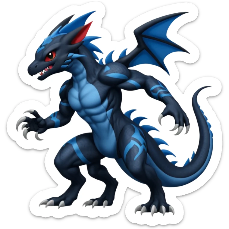 Black and Blue Venom-Stitch-Zekrom-Salandit-Sneasel-fusion, full body, tribal markings  sticker