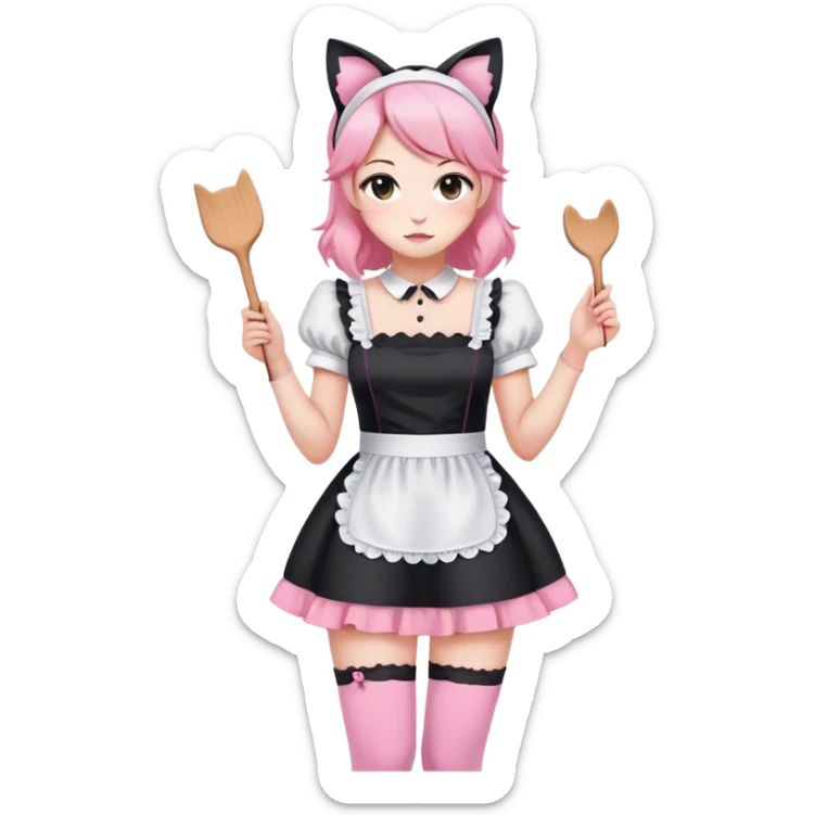 Black white and pink maid dress and thigh high leggings and cat ears loose clothes sticker
