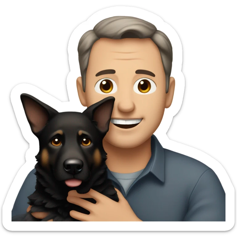50 year old man with little brown hair and brown eyes hugging a black German Shepherd dog sticker