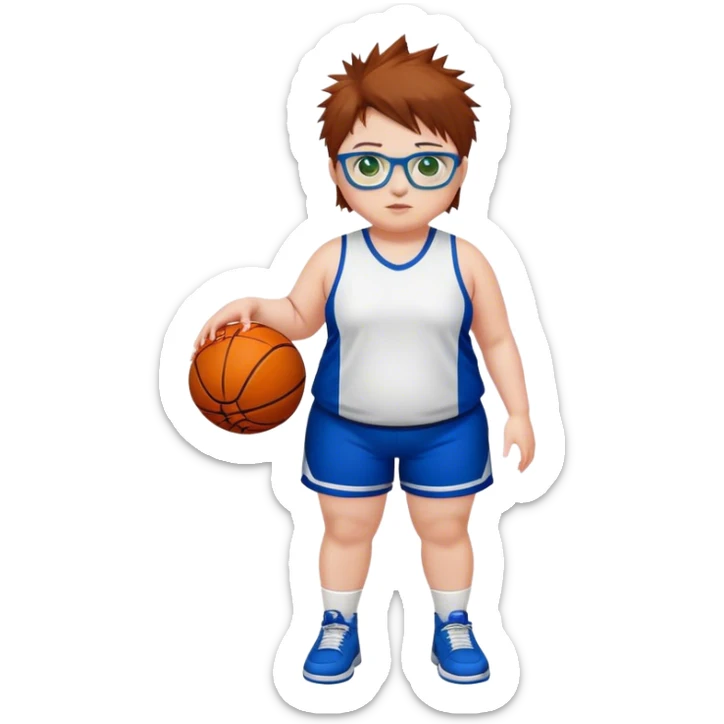Full Body white chubby Girl with basketball spikey short brown hair  wearing blue glasses with green eyes wearing basketball uniform sticker