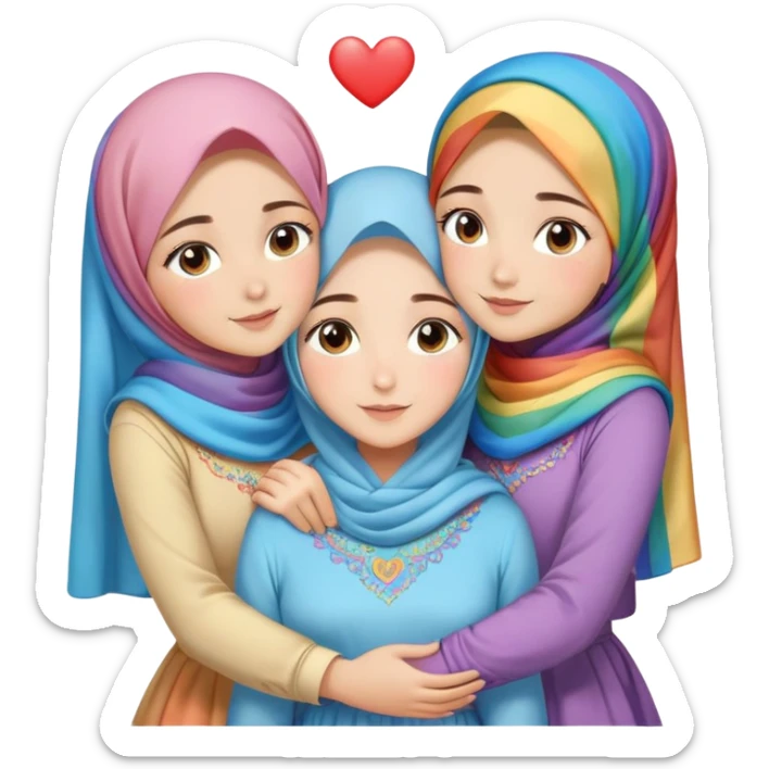 Four sister hugs Turkish girls beautiful finish Konya brown and blue eyes with rainbow pastel hijab and heart dress and hugs  sticker