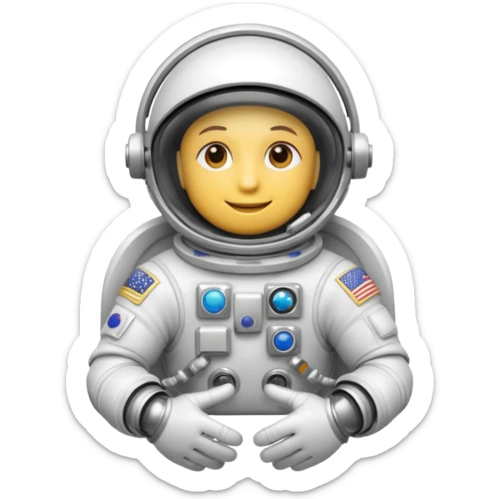 white pressurized astronaut gloves with metal wrist rings floating in space, 3D emoji style sticker