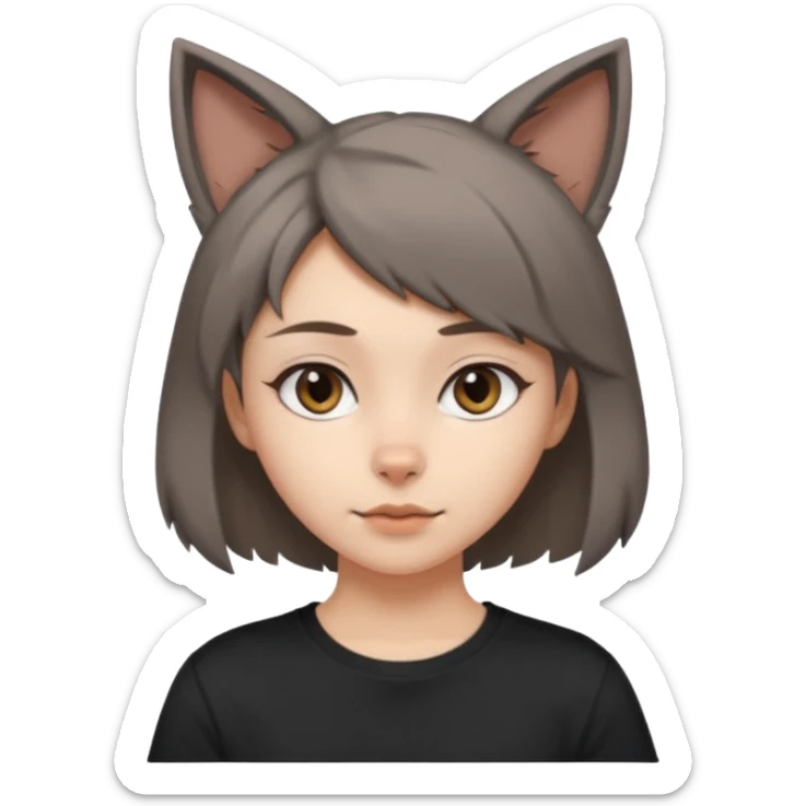 a girl with short brown wolf cut , grey cat ears and a tail, with a black t-shirt on sticker