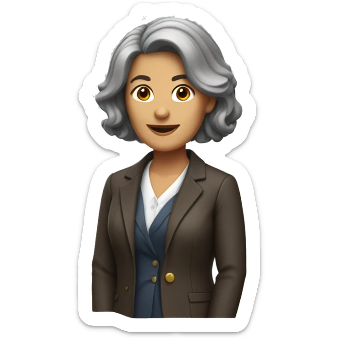 a middle-aged woman with shoulder-length dark brown hair in a jacket as a school headmaster sticker