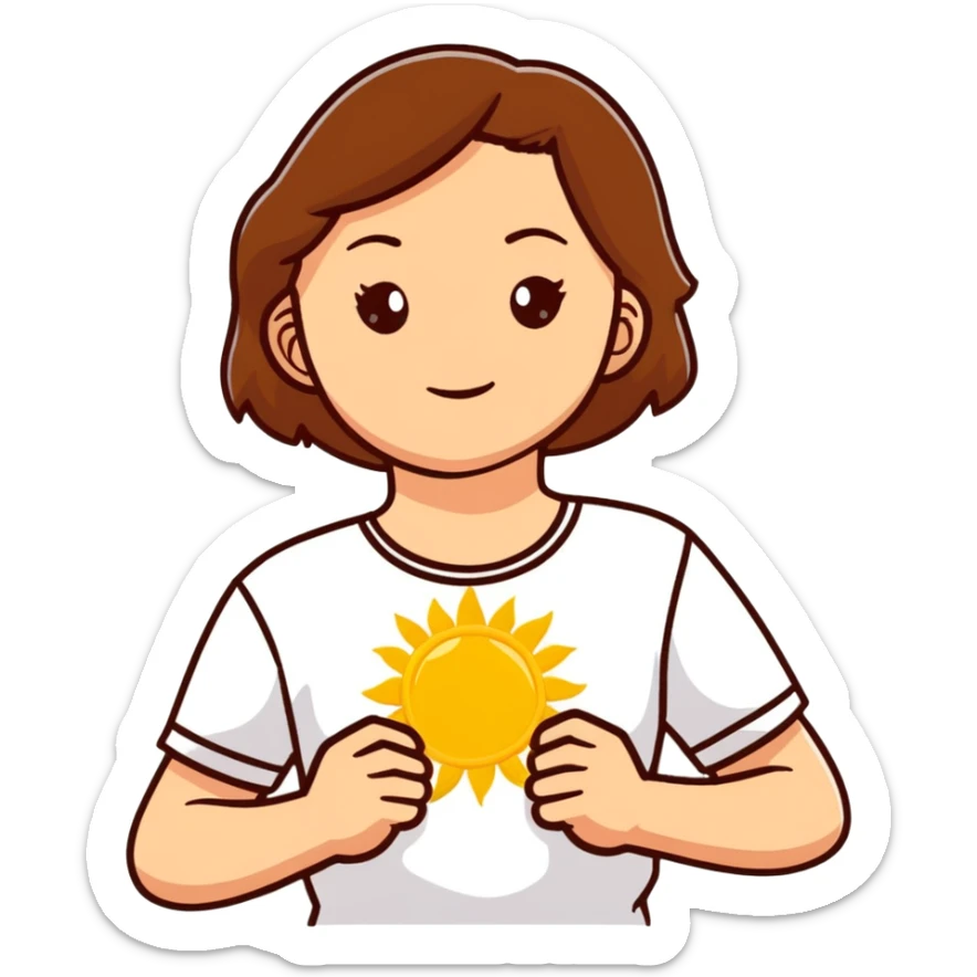 A young Ukrainian girl with brown hair wearing a white embroidered shirt holds the sun in her hands sticker