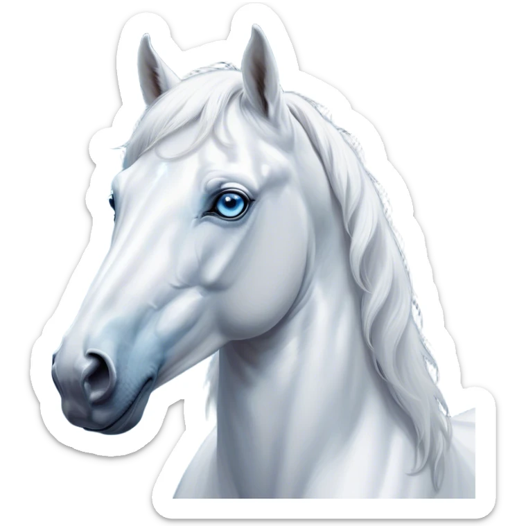 Cinematic Noble White Horse Portrait Emoji, Poised and regal, with a strong, athletic build and a pristine, well-groomed pure white fur, deep-set soulful blue eyes, Simplified yet sharp and sophisticated features, highly detailed, glowing with a soft, dignified glow, high shine, intelligent and majestic, stylized with an air of ethereal grace, focused and attentive, soft glowing outline, capturing the essence of a watchful and confident steed, so majestic it feels as though it could gallop out of the screen with effortless authority! sticker