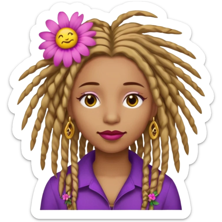 Gold dread locs pink emoji face purple flower in the hair red lipstick light brown face  just the face  sticker