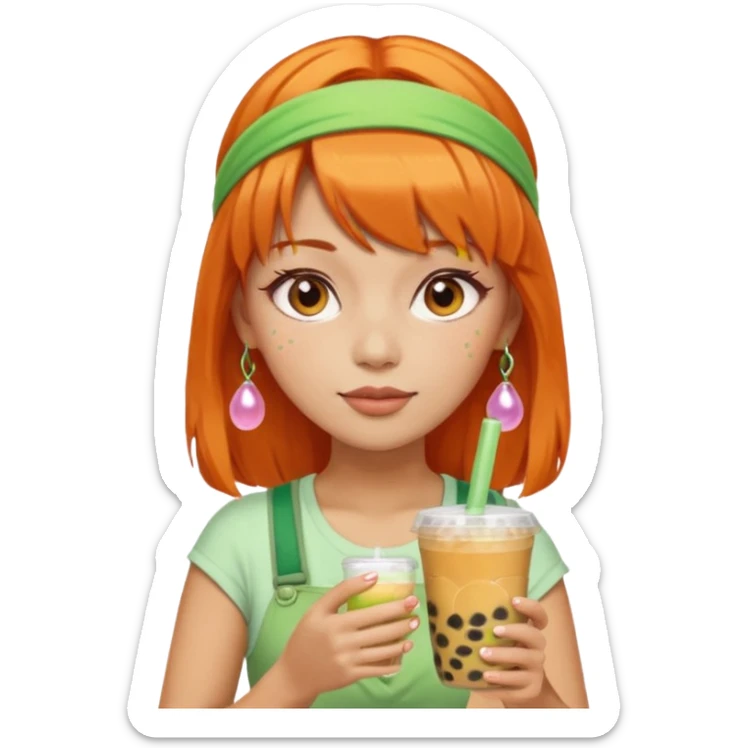Create an emoji of a woman with orange hair, bangs, and a green headband, holding a cup of bubble tea. sticker