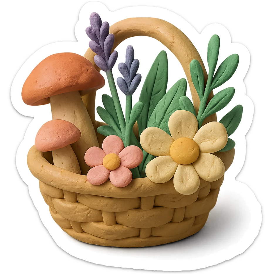 basket full of forest goodies including mushrooms, herbs, flowers in soft pastel colors, claymation style with matte plasticine texture and visible fingerprints sticker