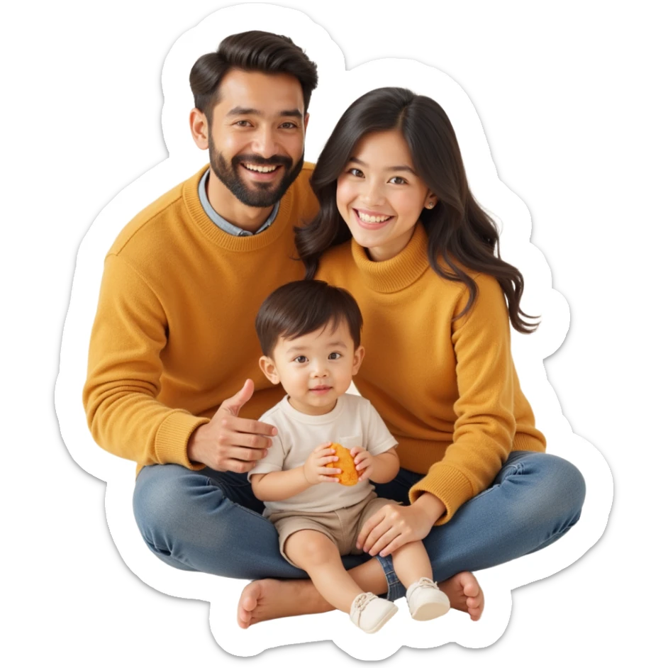 closeup shot of a smiling family (parents and two children) with realistic textures and soft lighting in skeuomorphism style sticker