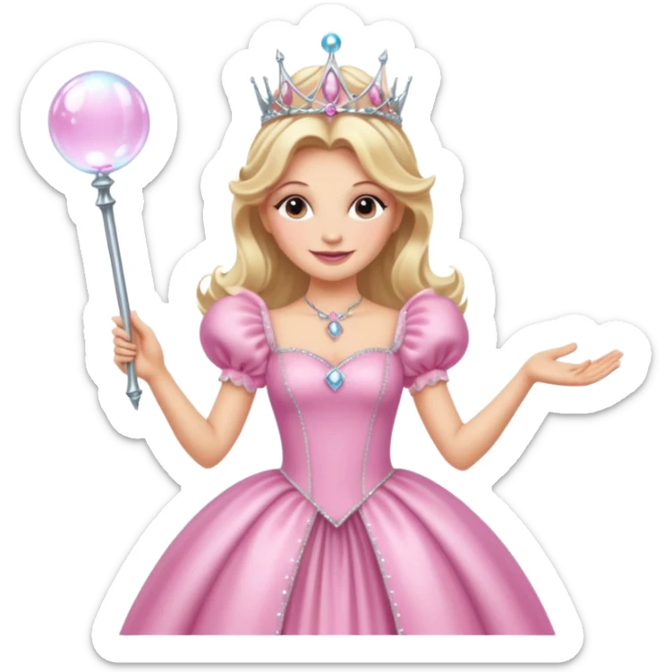 glinda the good witch from wicked movie, blonde hair, beautiful, big silver thin tiara, bubble wand, pink gown sticker