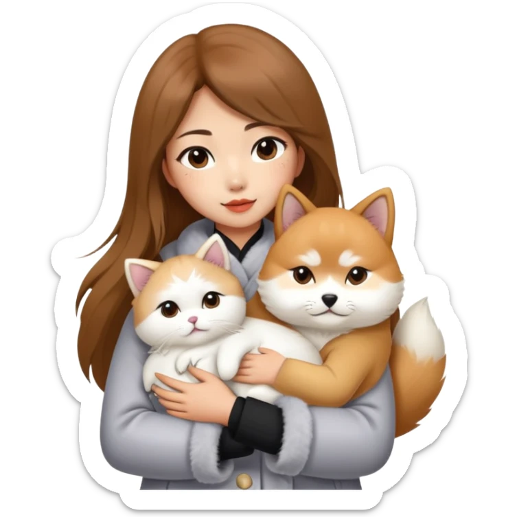 A Chinese fashion girl with brown hair, wearing a light gray fur coat, hugging a Shiba Inu and a long-haired white Persian cat. sticker