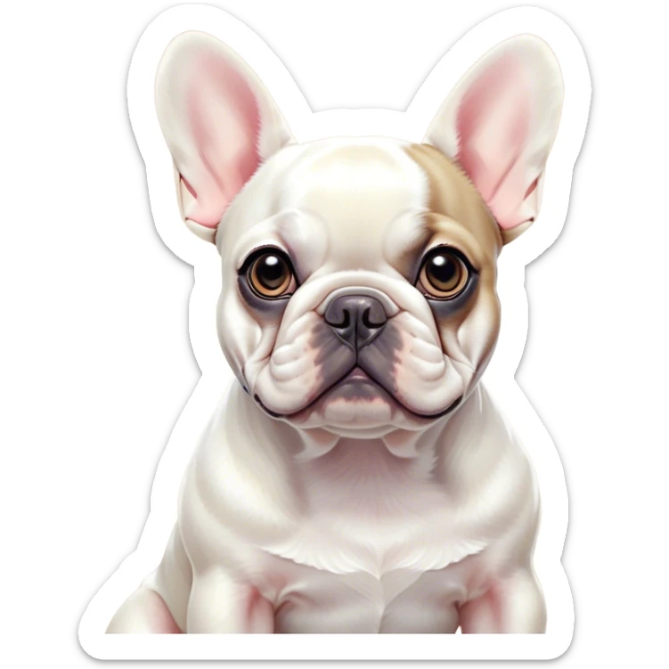 Cinematic Noble Pied French Bulldog Portrait Emoji, Radiating regal yet playful charm, with a distinctive pied fur of contrasting hues and a sculpted, expressive face featuring gentle, wise eyes and a confident stance, simplified yet artistically detailed, glowing with a soft, sophisticated radiance, high shine, exuding intelligent nobility and refined flair, soft glowing outline, capturing the essence of a noble Pied French Bulldog that embodies both strength and grace! sticker
