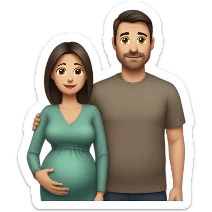 Husband (no mustache, no beard) and pregnant wife have dark brown haircut sticker
