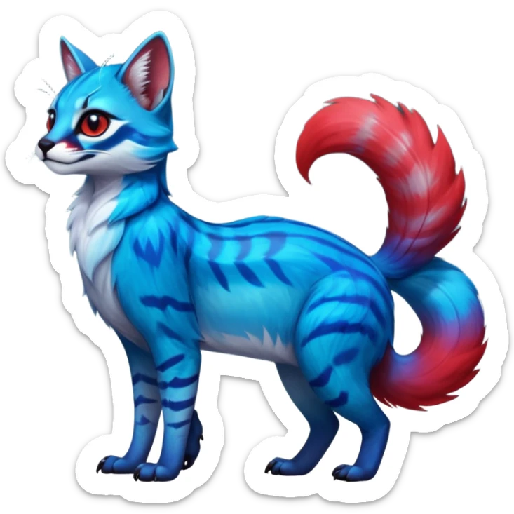 Cute kawaii cool edgy badass  vibrant cyan-cobalt-blue-to-crimson-red gradient-colored iridescent glossy fur  fantasy-caracal-civet-genet-sergal-vernid-Gryphon-Cacomistle-Trico-oncilla-animal-Fakémon-hybrid-fursona (full body), facial markings, (realism style) sticker