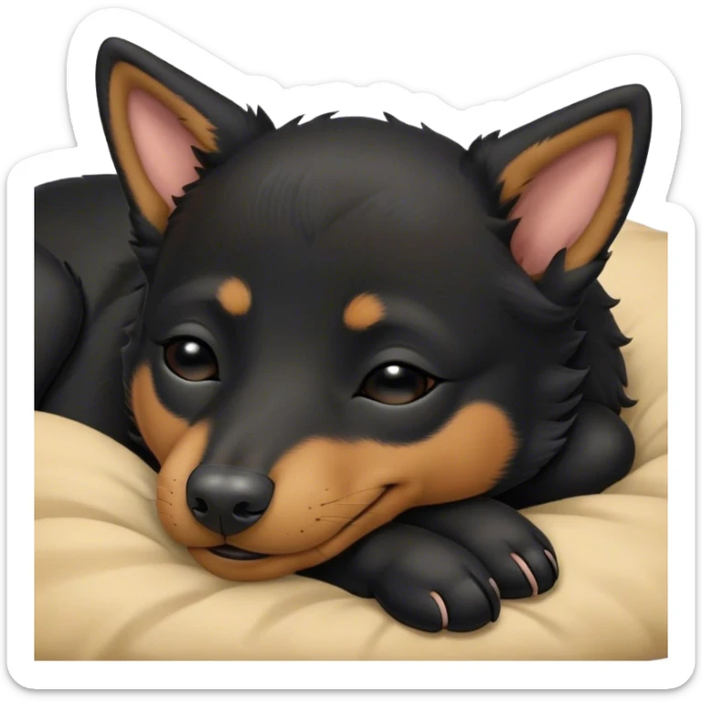 Meme-Worthy Cute Sleeping Black and Tan Kelpie Portrait Emoji, Head resting peacefully with a contented smile, showcasing a delightfully agile build and a luxuriously soft black and tan Fur, eyes shut in a serene nap, Simplified yet hilariously adorable features, highly detailed, glowing with a soft, drowsy light, high shine, relaxed and utterly lovable, stylized with an air of playful laziness, bright and heartwarming, soft glowing outline, capturing the essence of a comically sleepy herder, so meme-worthy it feels like it could instantly become the next viral sensation of adorable slumber! sticker