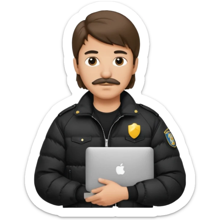 generate an ios genmoji of a 20 year old boy with shoulder length hair and a mullet. cop mustache. carrying a macbook and wearing a puffer jacket sticker