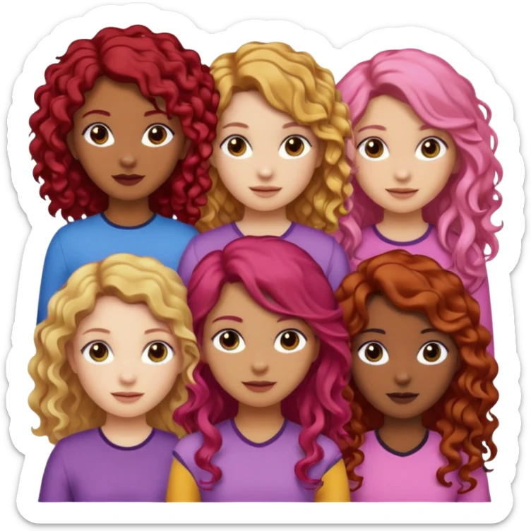 5 girlsone curly redhead, one with brunette dyed blonde hair, one long haired wavy brunette, one mid-length haired brunette, and one black haired girl with partially dyed bright red/pink hair sticker