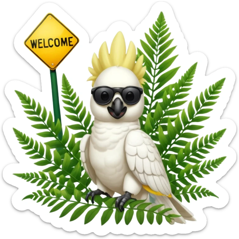 sulfer crested cockatoo wearing sunglasses sitting in a green fern tree with an australian street sign saying 'welcome to cockatoo' sticker