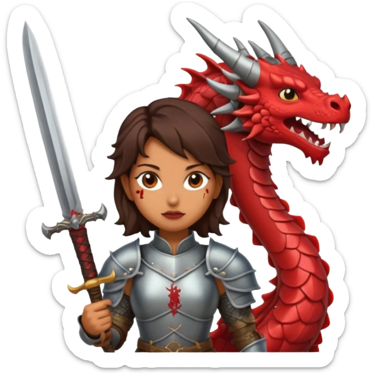 Fierce Latina in armor with a sword after a battle cutting off the head of a dragon sticker