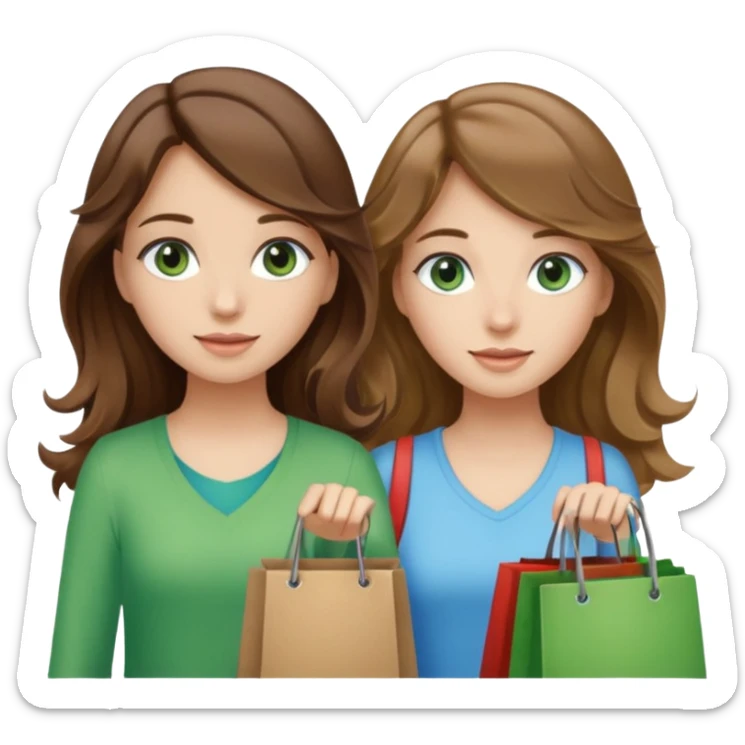 make me and my best friend togheter i have brown hair that falls on my shoulders and brown eyes and she has really long wavy brown hair with a little blonde and green/blue eyes we are shopping and i have BROWN eyes sticker