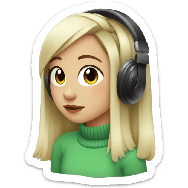 white lofi girl with green long sleeves sweater, black ponytail and red headphones  sticker