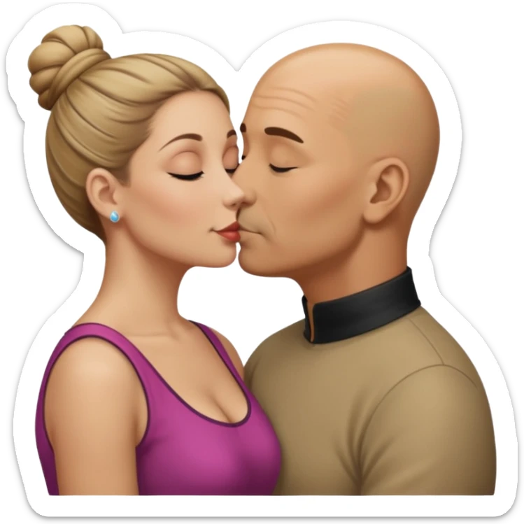 Mid aged Hispanic bald man kissing mid aged dark blonde white woman. She’s wearing a bun. sticker