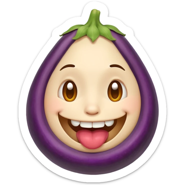 An ashamed, smiling round face emoji with a huge eggplant in mouth. sticker