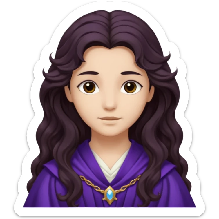 Libera from Olympus Gods with long dark brown wavy hair, dark purple stola sticker