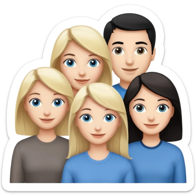Blond woman with blue eyes on left. And a Man with black hair and grey eyecolor in the middle. And a blank woman with brown hair and grey eyes on the right. Happy together sticker