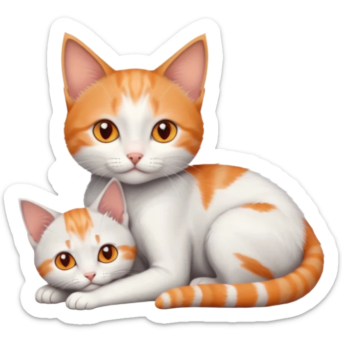 full body of very small + skinny ginger and white kitten with deep orange eyes and triangular shaped face lying down cuddling a grey and white kitten who is a bit bigger than him sticker