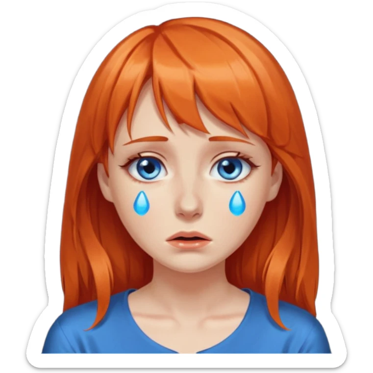 A woman with dark orange hair and bangs, blue eyes, an asmr streamer, crying, sticker
