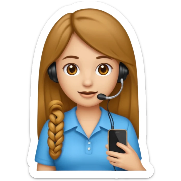 emoji estilo iPhone de uma menina parda mais escura, cabelo enrolado, camisa branca de gola V, sorrindo, com fone de telemarketing sticker