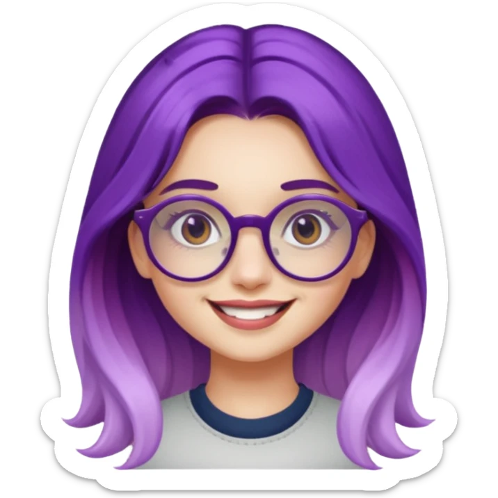 young girl with long purple ombre hair, retro round glasses, smiling, influencer, trendsetter sticker