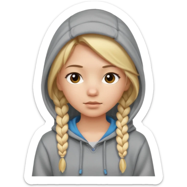 blonde braided girl with her head covered in a sweatshirt and hood sticker