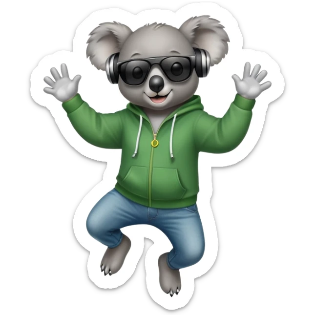 anthropomorphised koala, full body, wearing a hoodie and jeans, dark sunglasses, headphones, dressed for St. Patrick's Day, jumping sticker