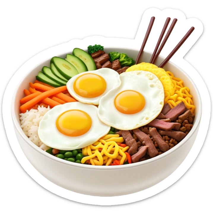 Cinematic Realistic Bibimbap Dish Emoji, showcasing a colorful bowl of mixed rice, assorted vegetables, beef, and a fried egg rendered with lifelike detail and vibrant, harmonious lighting. sticker