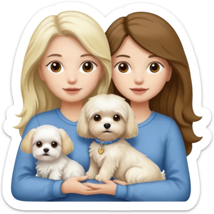 two women holding Maltese dog one is brunette the other is blonde long haired  sticker