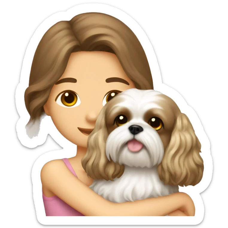 a girl with long, wavy brown hair hugging a Shih Tzu with blonde fur and a cute bow sticker
