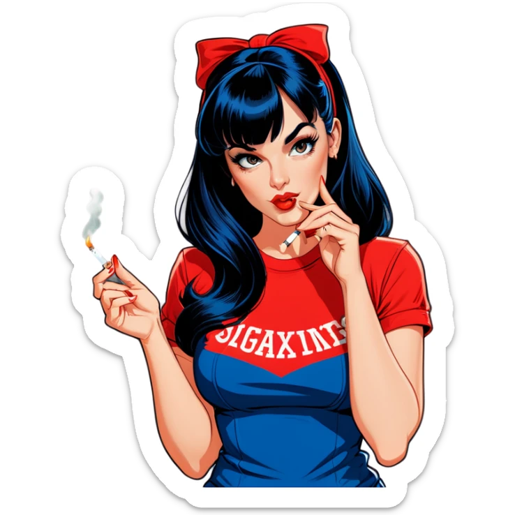 Sexy young pinup woman lighting up a cigarette she has long dark blue black hair with front bangs and she’s wearing a red t shirt  sticker