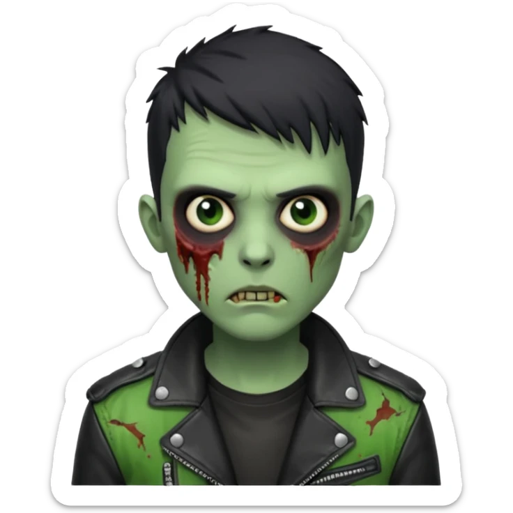 Hombre zombie de piel verde con chaqueta de cuero punk, pelo corto negro sticker